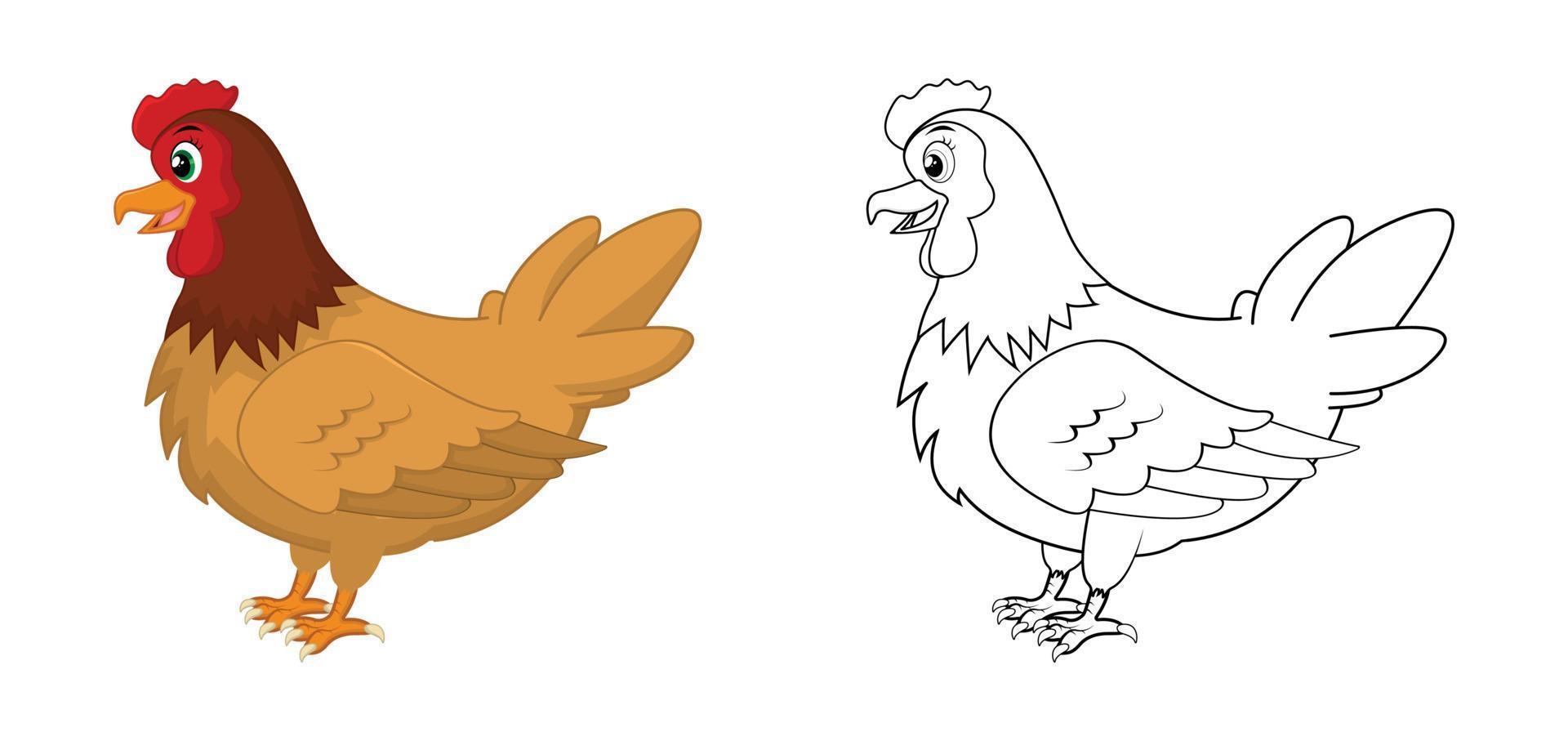 Happy cartoon hen with line art, hen sketch color less page isolated on white background. vector