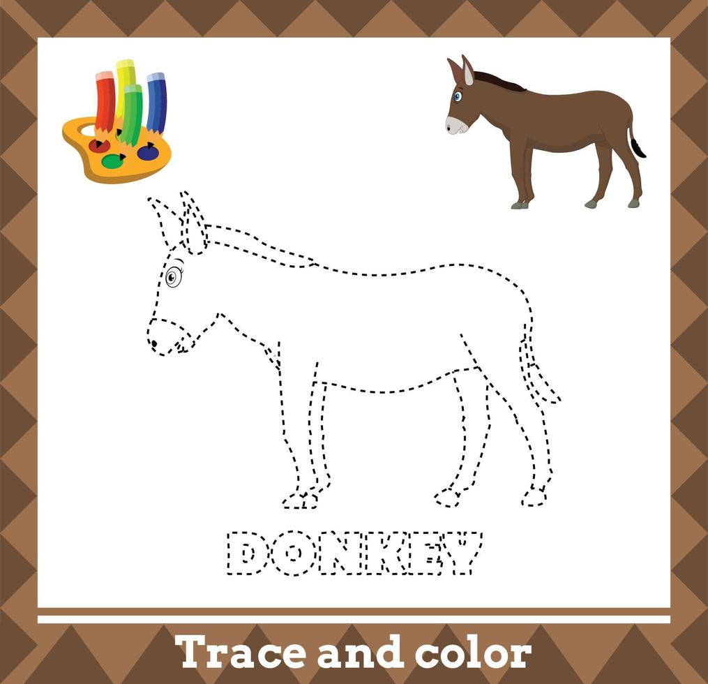 rastro y color para niños, página de actividad de niños de vector de burro