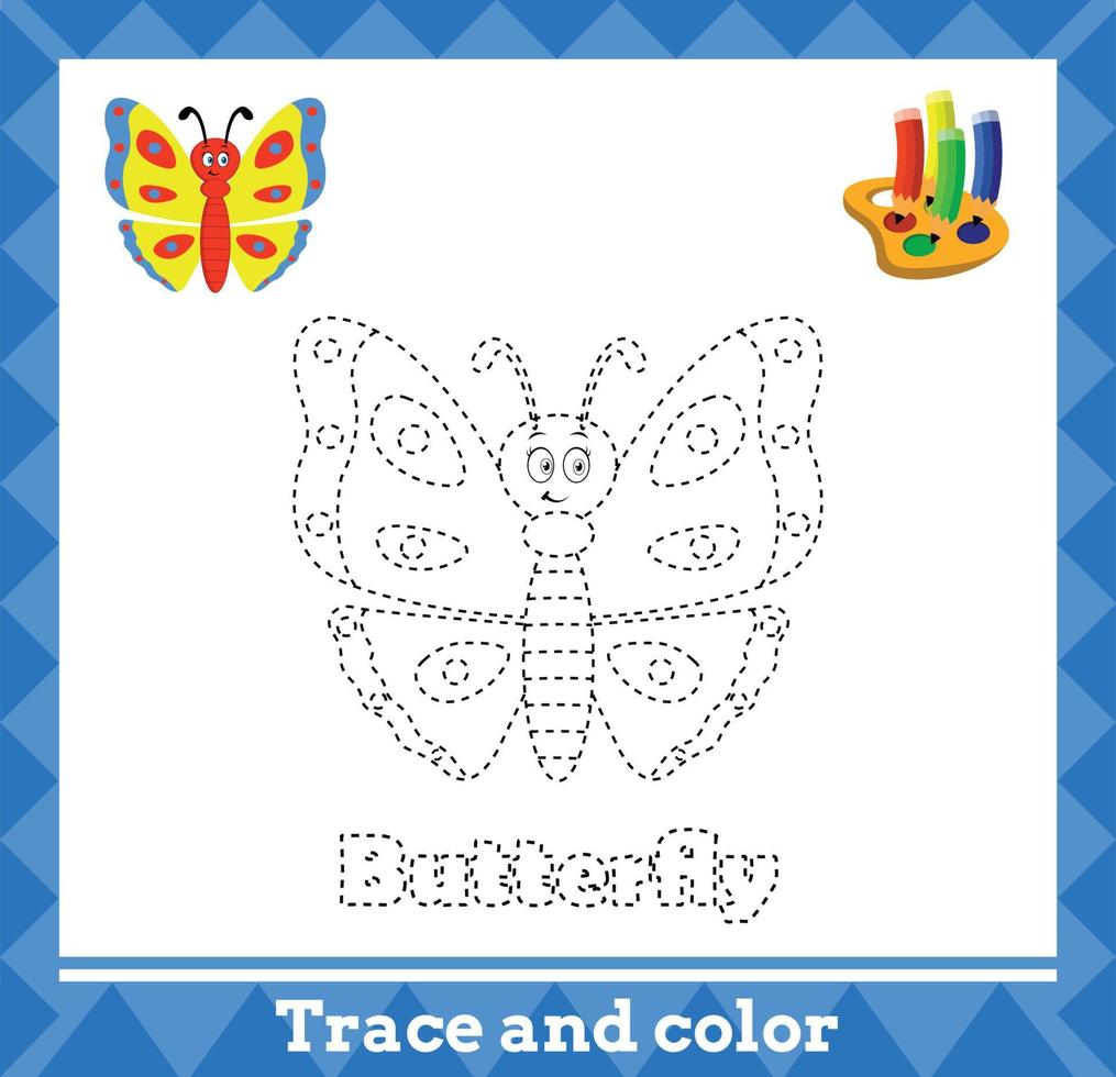 Trace and color for kids, butterfly vector kids activity page