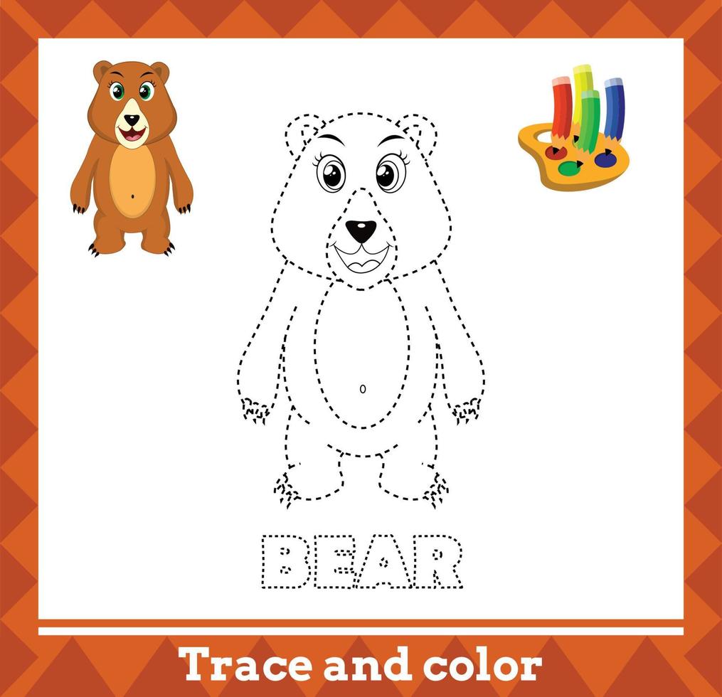 Trace and color for kids, bear vector kids activity page