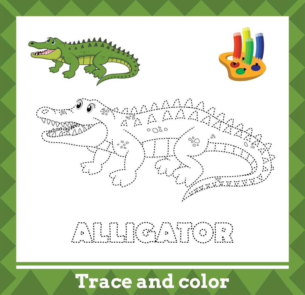 rastro y color para niños, página de actividad de niños de vector de cocodrilo