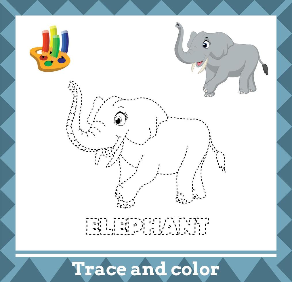 rastro y color para niños, página de actividad de niños de vector de elefante