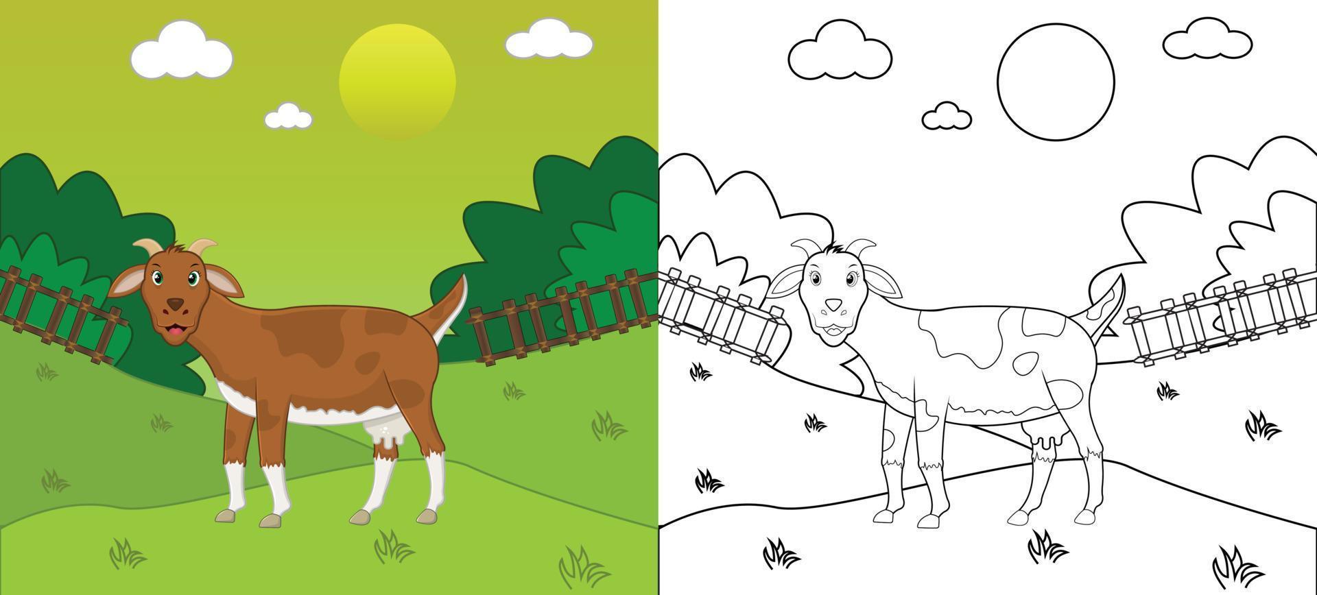 Cute cartoon goat coloring page with line art, kids activity page vector illustration