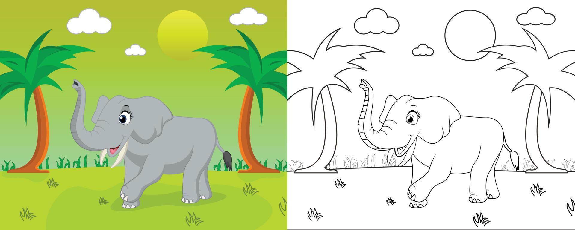 Cute cartoon elephant coloring page with line art, kids activity page vector illustration