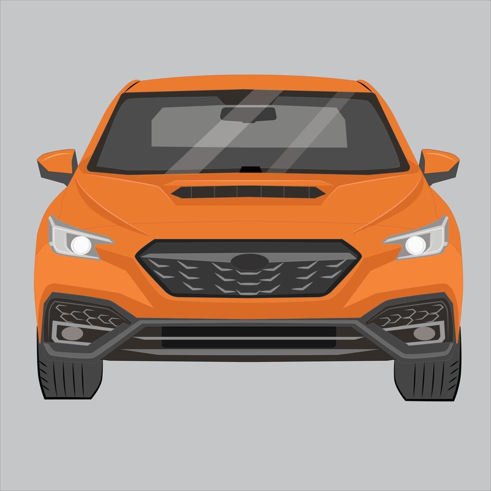 Front view of a generic and brandless orange car with lights on a gray background. Vector illustration.