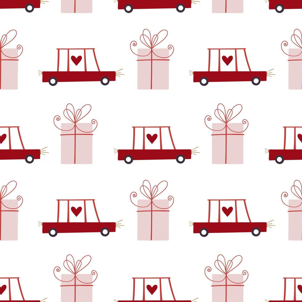 Romantic pattern. Pink gift box, cute red car and hearts. Holiday seamless pattern. vector