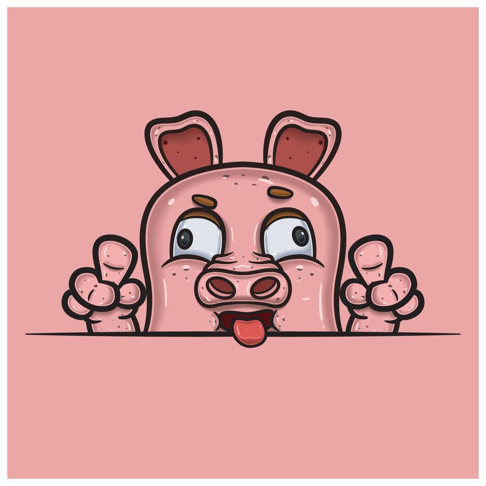 Crazy Face Expression With Pig Cartoon. vector