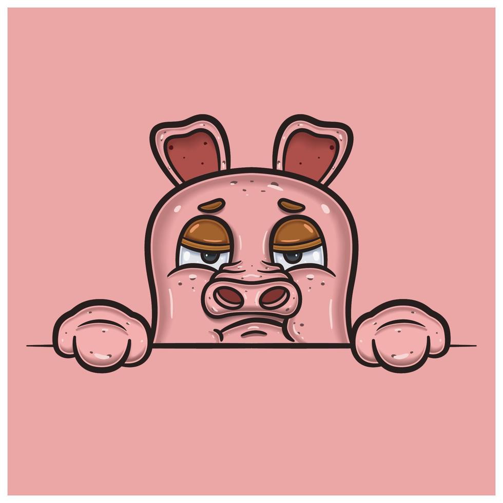 Bored Face Expression With Pig Cartoon. vector