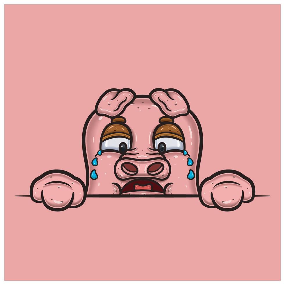 Crying Face Expression With Pig Cartoon. vector
