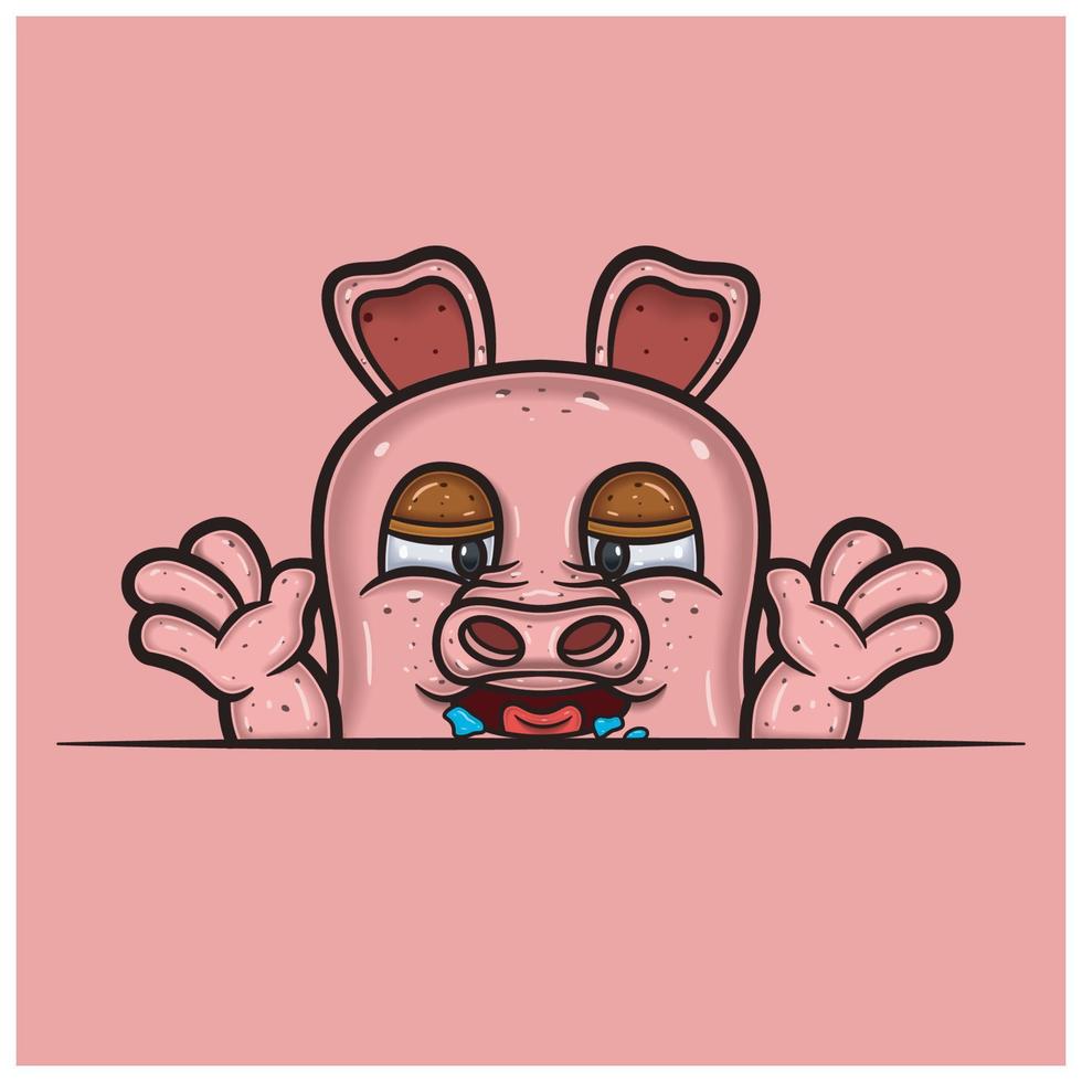 Hungry Face Expression With Pig Cartoon. vector