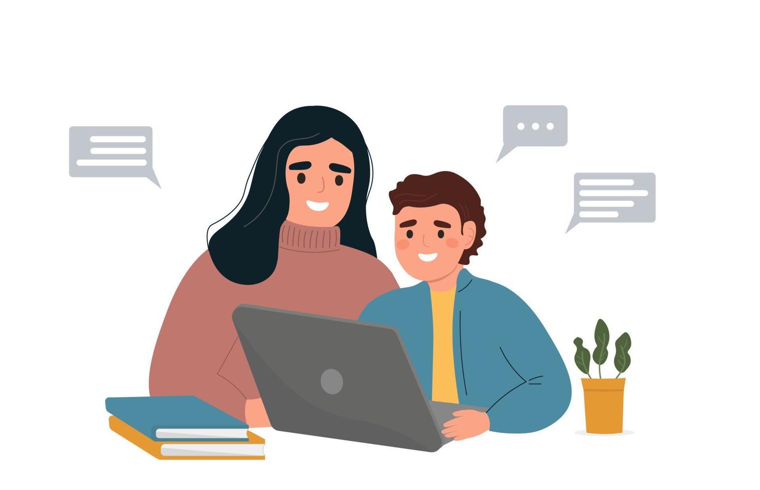 Mom and son are sitting together in front of a laptop. A boy and a woman study online. The teacher is engaged with the student. Vector graphics.