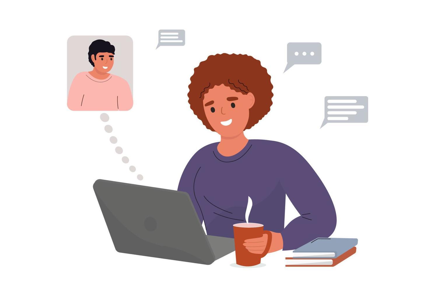 A woman communicates online with a man on the Internet while sitting at a laptop. The concept of remote work, study, communication, freelancing. Vector graphics.