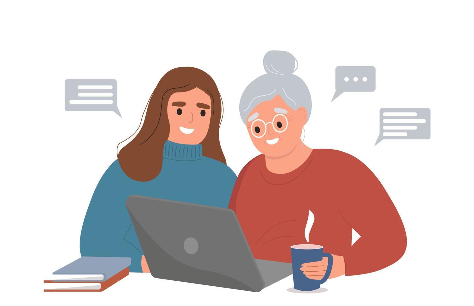 An elderly woman is sitting at a computer, studying, communicating. A young daughter helps an old grandmother to master the Internet, a laptop. Vector graphics.