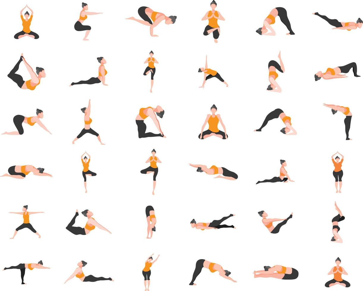 Female yoga. Vector illustration of beautiful cartoon woman in various poses of yoga.