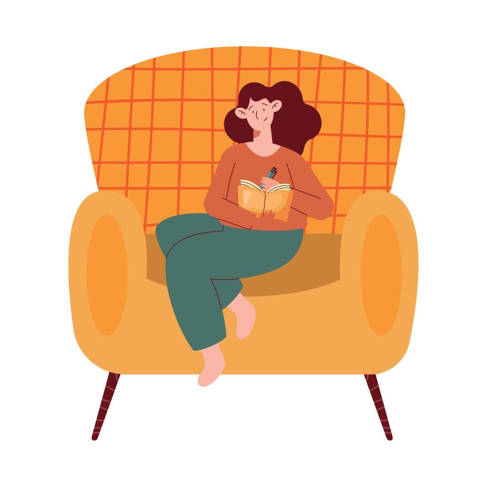 mujer escribiendo sentada en un sofa vector