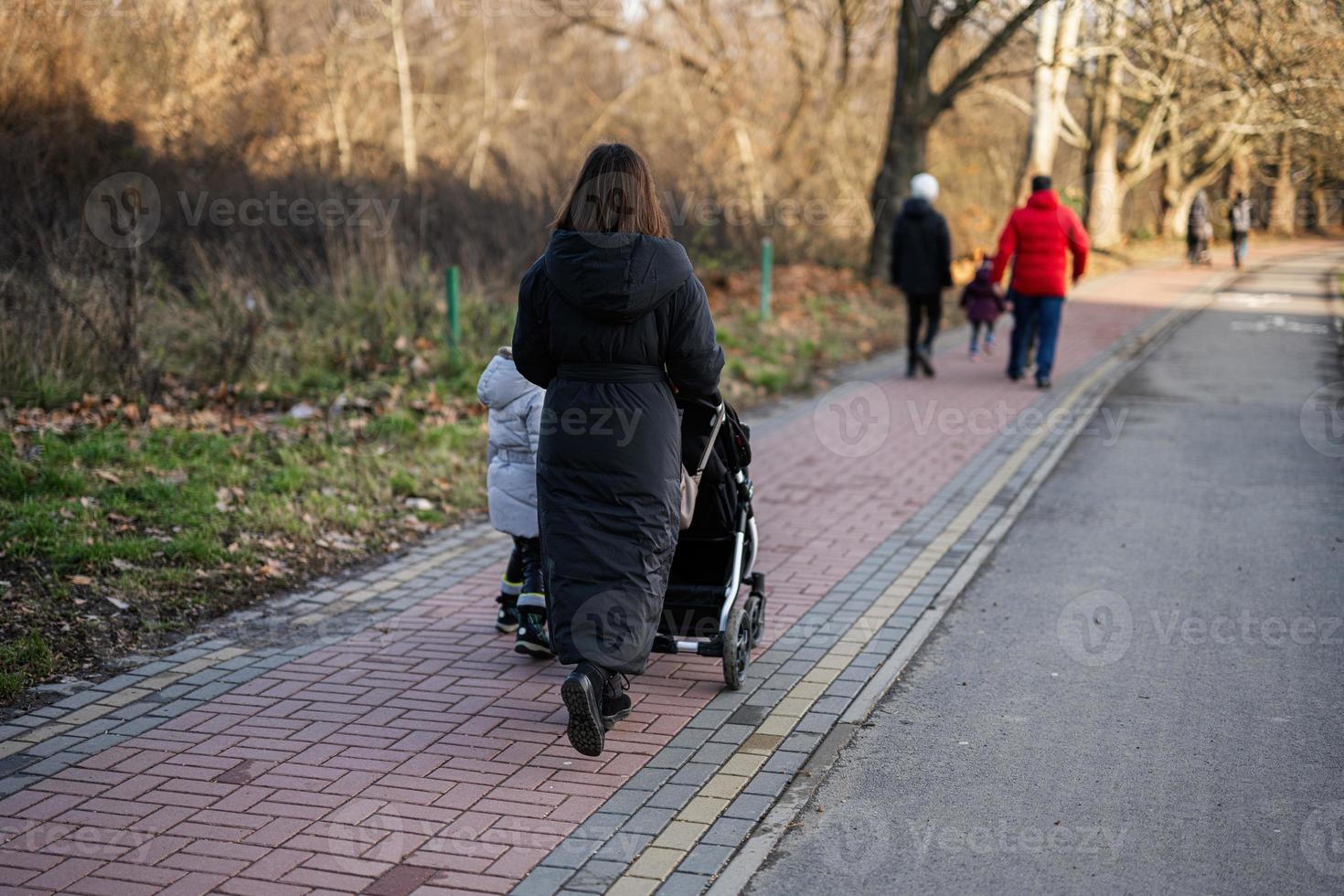 madre empujando al bebé en el camino al parque. foto