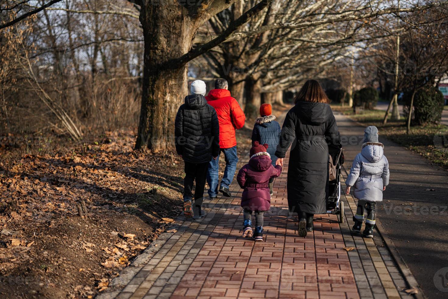 Back of family walking at pathway in a park. photo