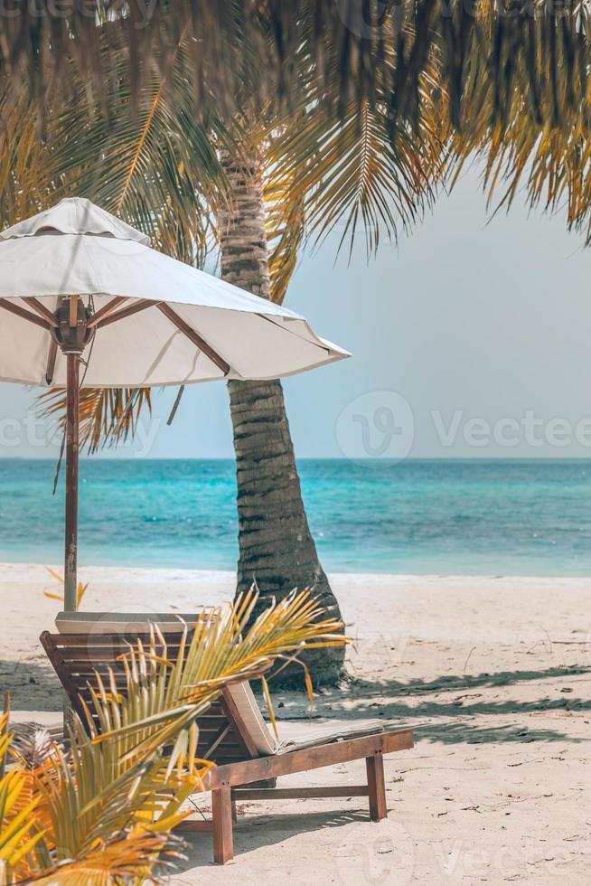 Beautiful beach. Chairs on the sandy beach near the sea. Summer holiday and vacation concept for tourism. Inspirational tropical landscape. Luxury travel destination photo