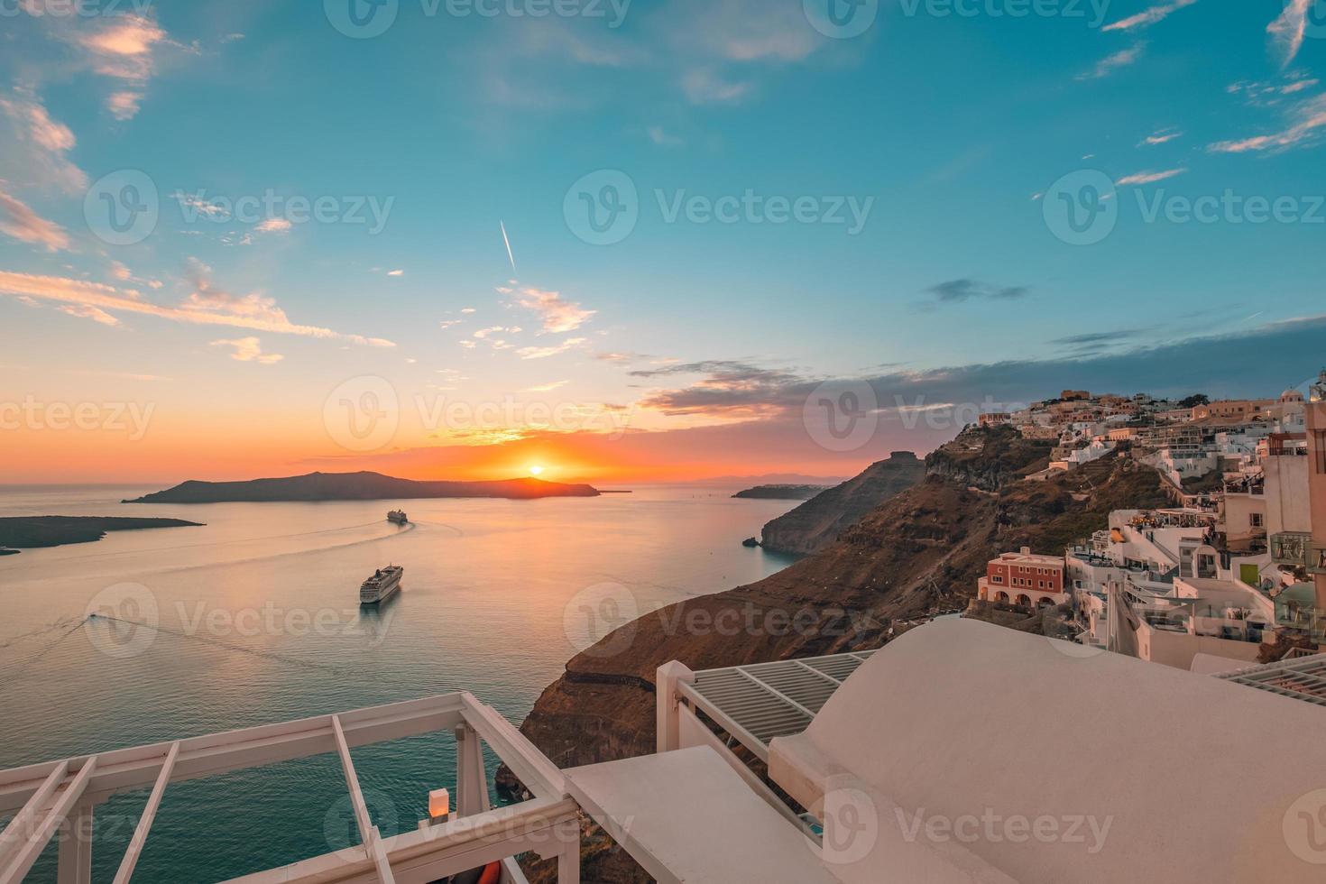 Tranquil evening view of Santorini island. Picturesque spring sunset on the famous Greek resort Fira, Greece, Europe. Summer vacation. Traveling concept background. Artistic style post processed photo
