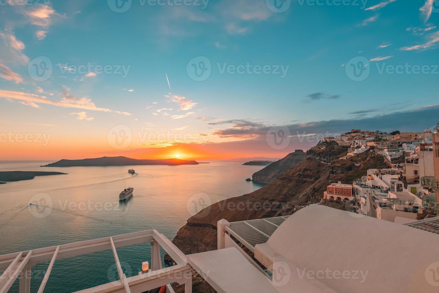 Tranquil evening view of Santorini island. Picturesque spring sunset on the famous Greek resort Fira, Greece, Europe. Summer vacation. Traveling concept background. Artistic style post processed photo