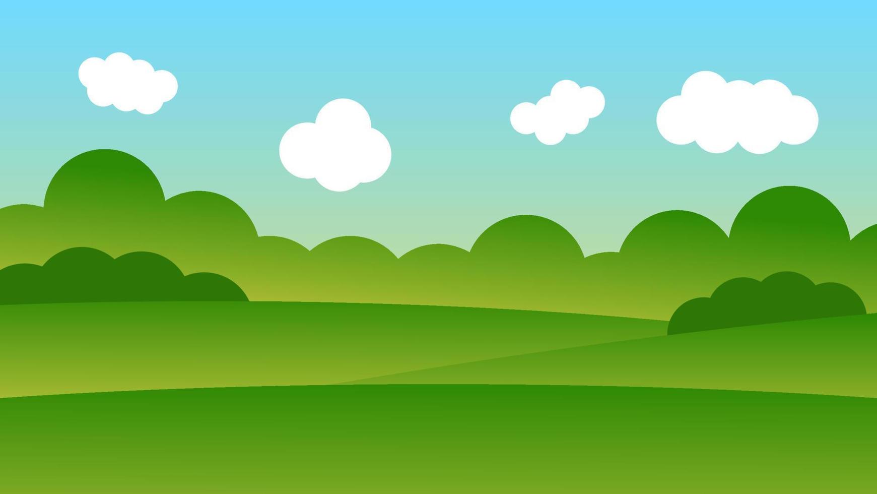 landscape cartoon scene with green trees on hills and white cloud in blue sky background vector