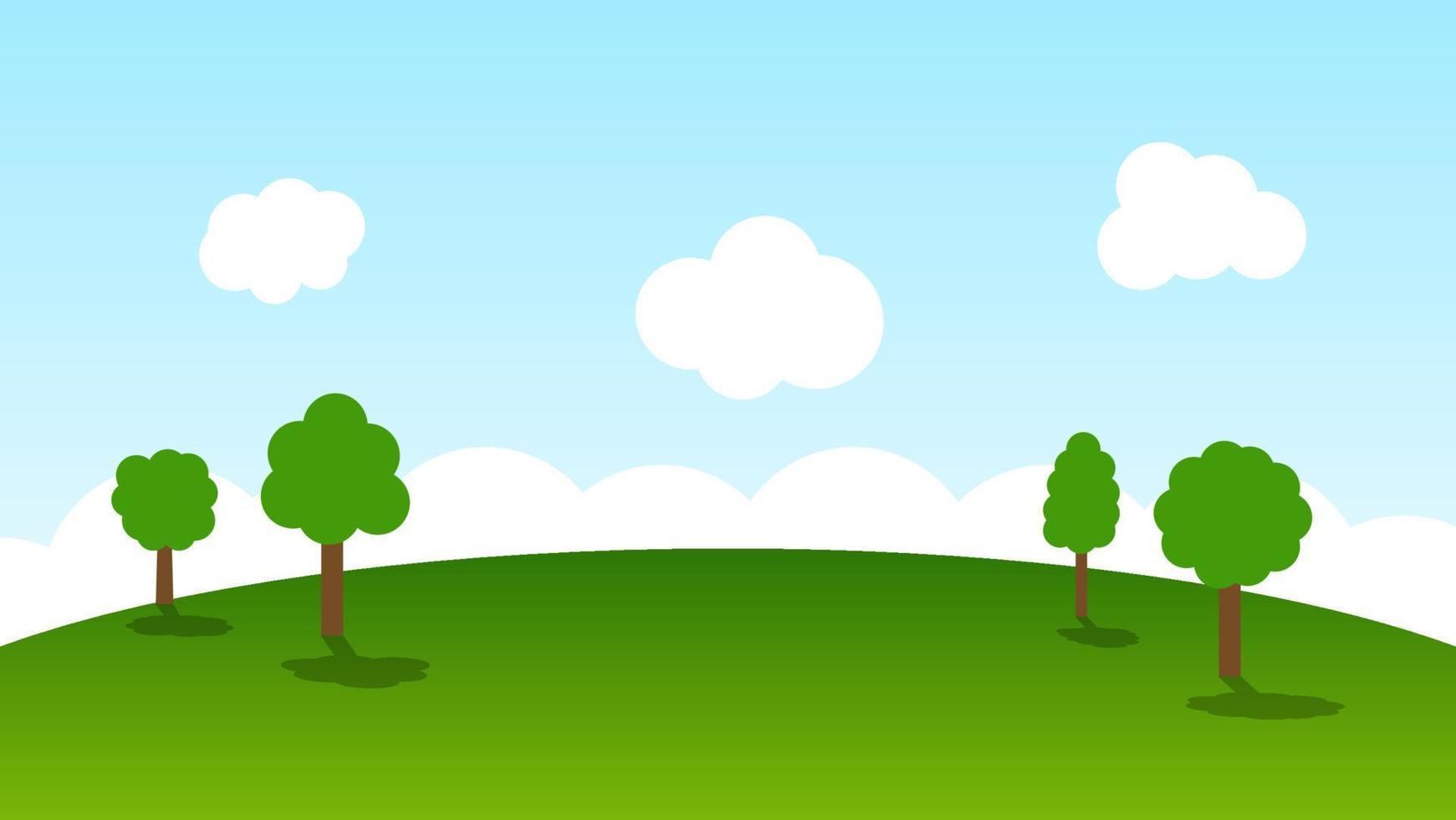 landscape cartoon scene with green trees on hills and white cloud in blue sky background vector