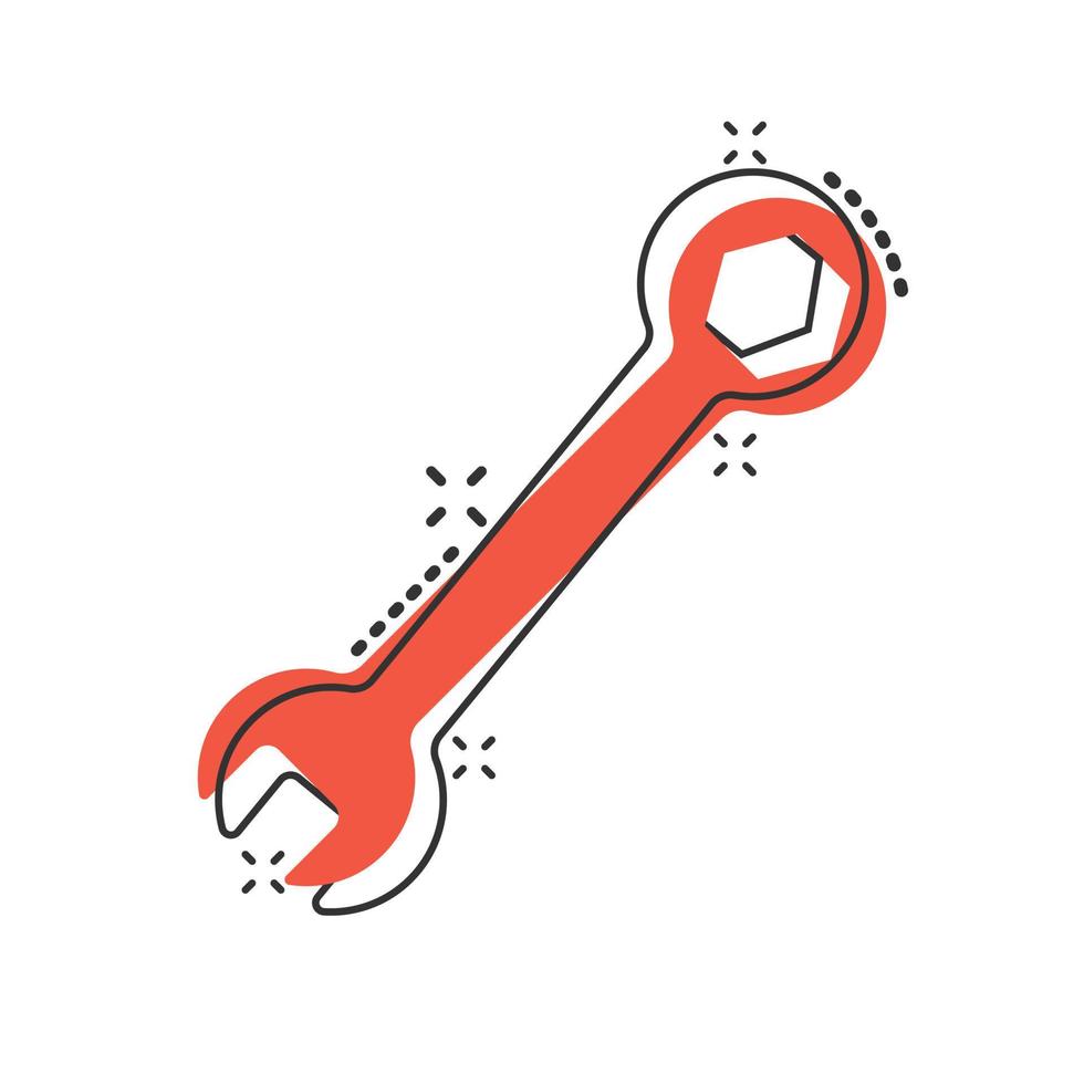 Wrench icon in comic style. Spanner key cartoon vector illustration on white isolated background. Repair equipment splash effect business concept.