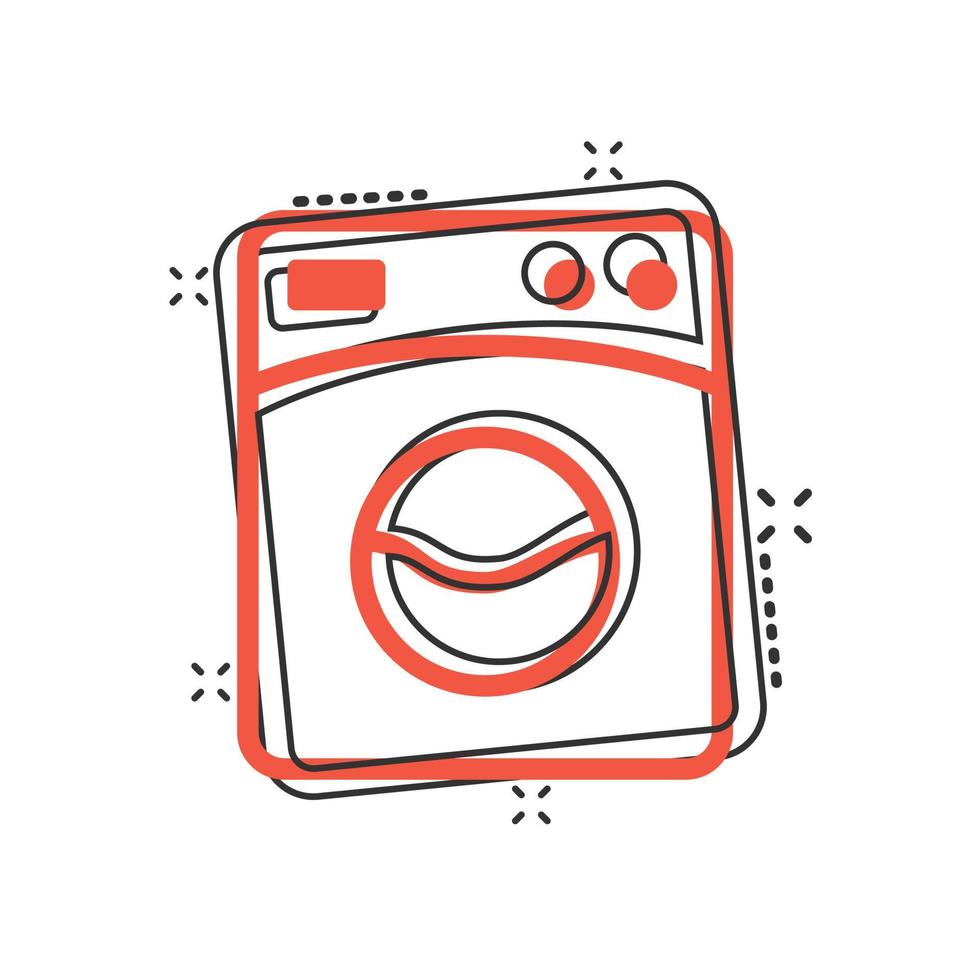 Washing machine icon in comic style. Washer cartoon vector illustration on white isolated background. Laundry splash effect business concept.