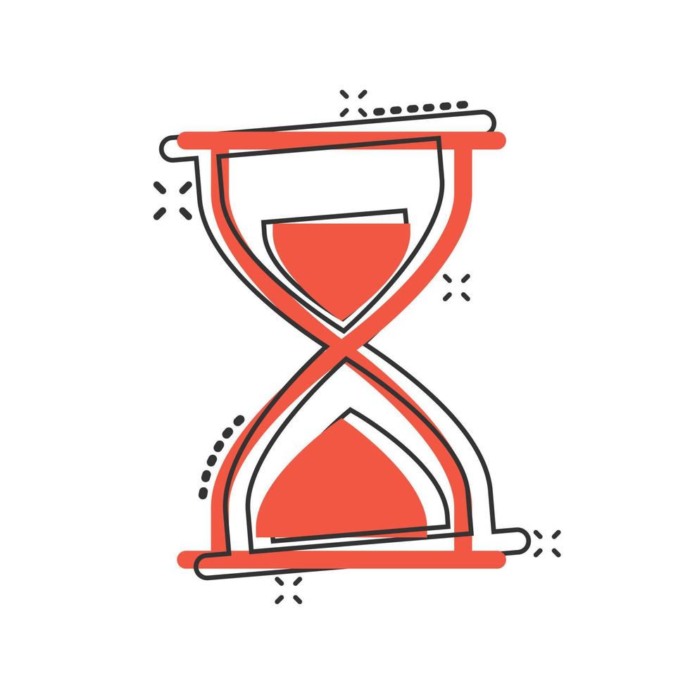 Hourglass icon in comic style. Sandglass cartoon vector illustration on white isolated background. Clock splash effect business concept.