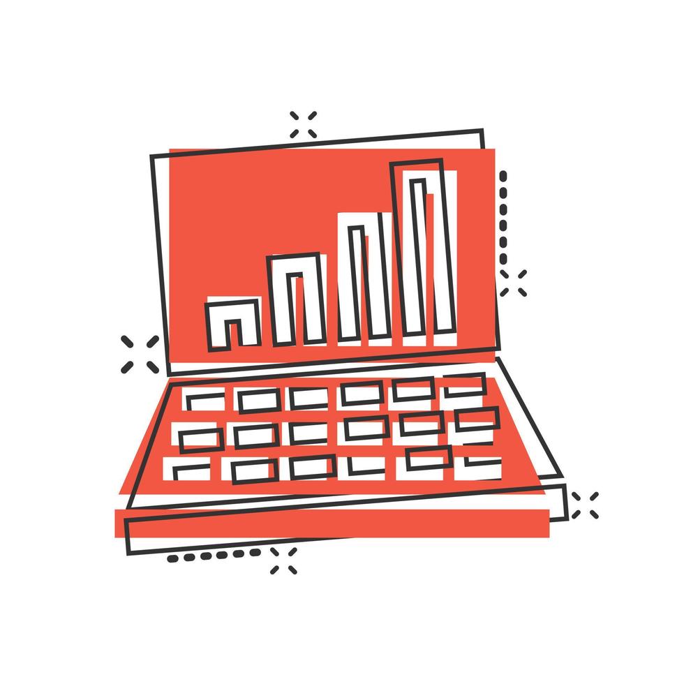 Laptop chart icon in comic style. SEO data cartoon vector illustration on white isolated background. Computer diagram splash effect business concept.