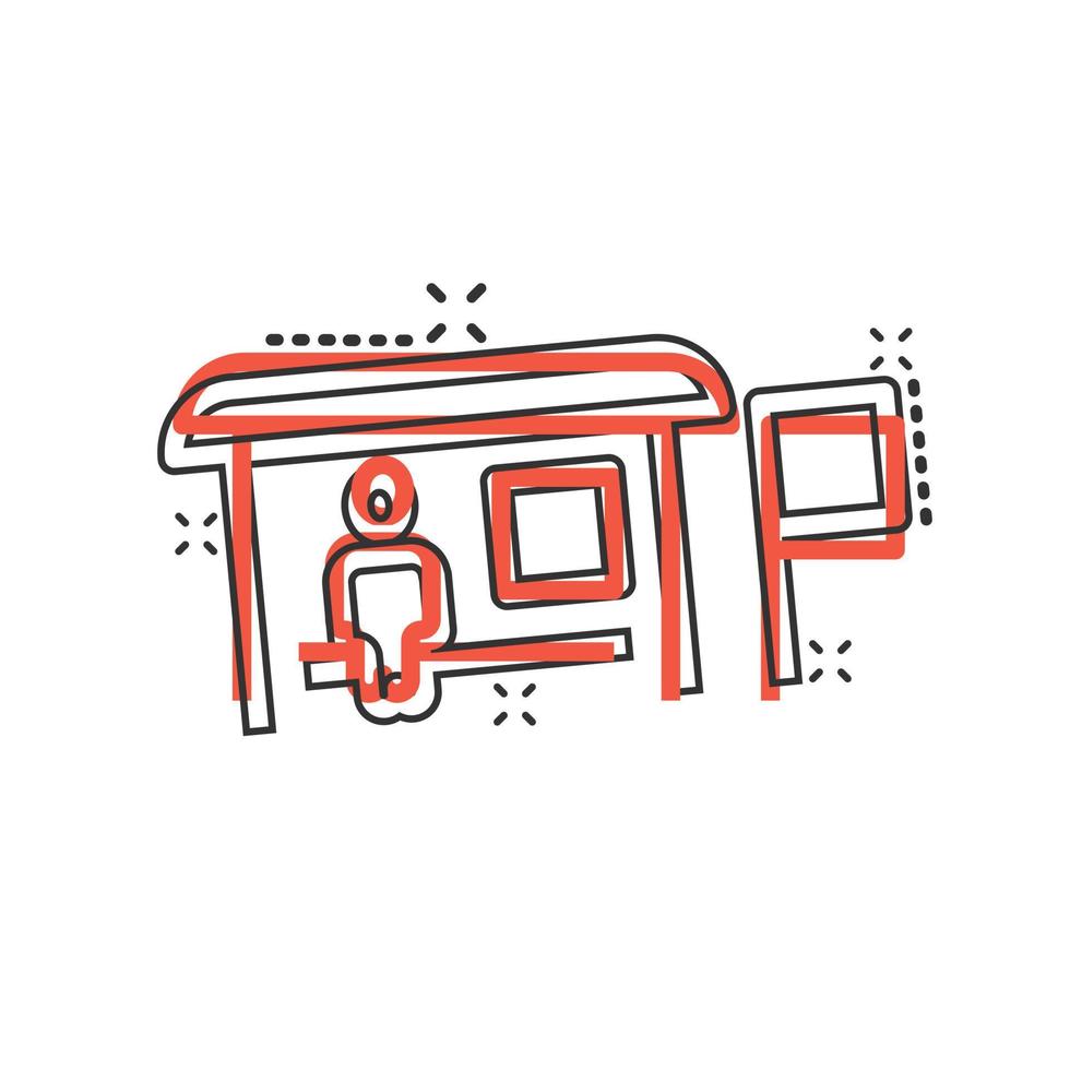 Bus station icon in comic style. Auto stop cartoon vector illustration on white isolated background. Autobus vehicle splash effect business concept.