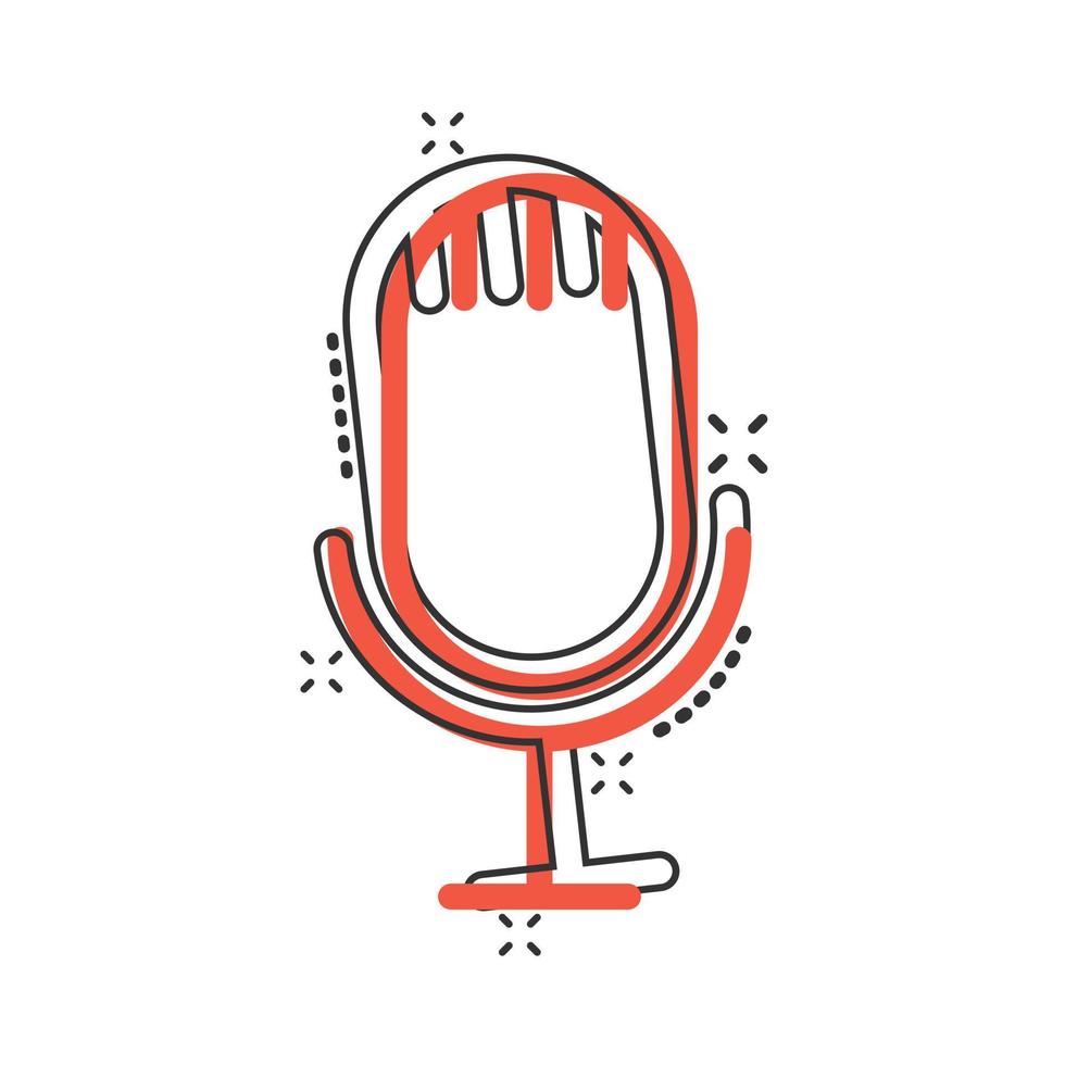 Microphone icon in comic style. Studio mike cartoon vector illustration on white isolated background. Audio record splash effect business concept.