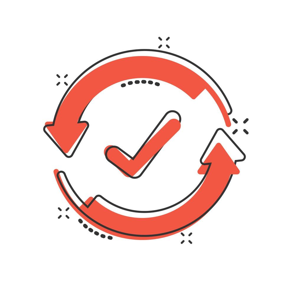 Check mark sign icon in comic style. Confirm button cartoon vector illustration on white isolated background. Accepted splash effect business concept.