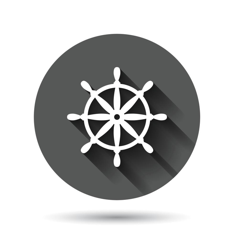 Helm wheel icon in flat style. Navigate steer vector illustration on black round background with long shadow effect. Ship drive circle button business concept.