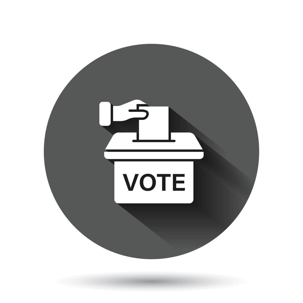 icono de voto en estilo plano. Ilustración de vector de urna sobre fondo redondo negro con efecto de sombra larga. concepto de negocio de botón de círculo electoral.