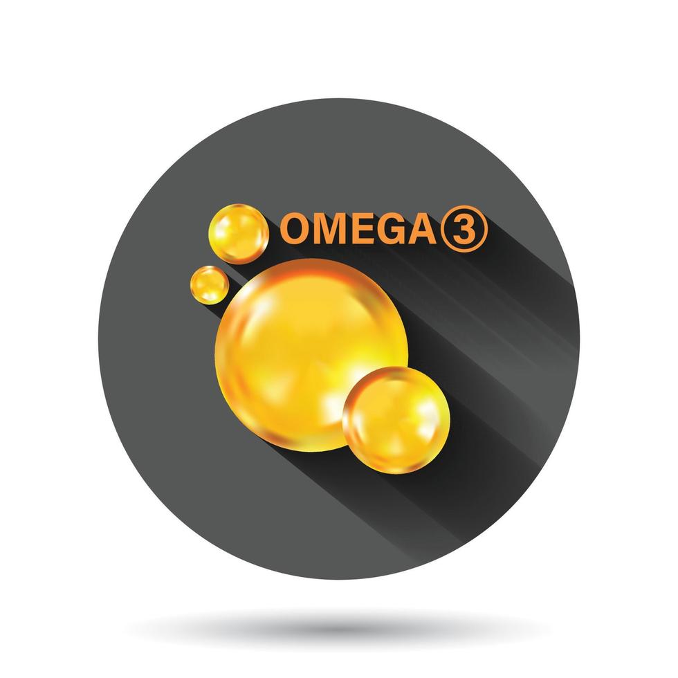 icono de omega 3 en estilo plano. ilustración de vector de capcule de píldora sobre fondo redondo negro con efecto de sombra larga. concepto de negocio de botón de círculo de pescado de aceite.