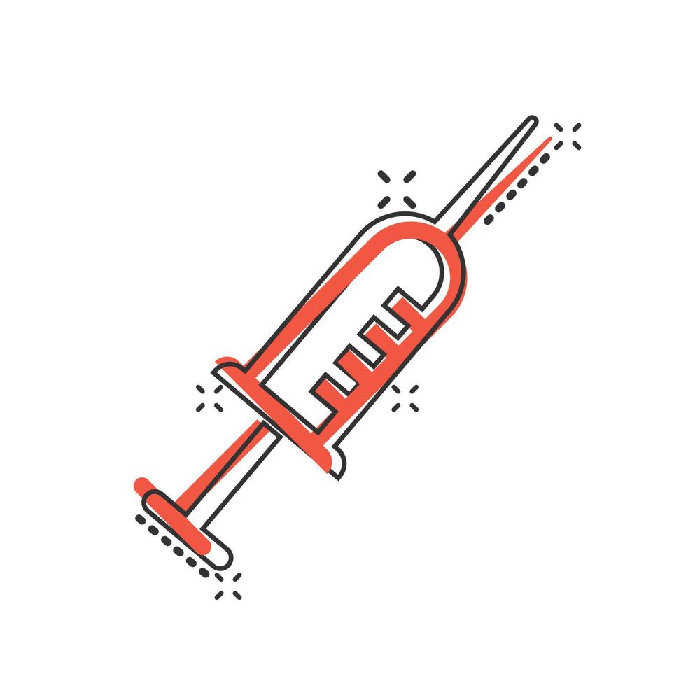 Syringe icon in comic style. Inject needle cartoon vector illustration on white isolated background. Drug dose splash effect business concept.