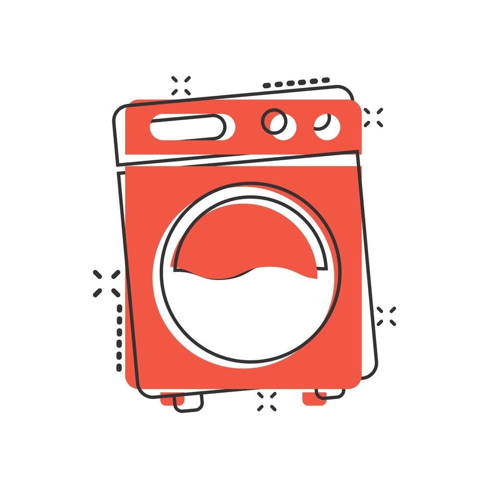 Washing machine icon in comic style. Washer cartoon vector illustration on white isolated background. Laundry splash effect business concept.