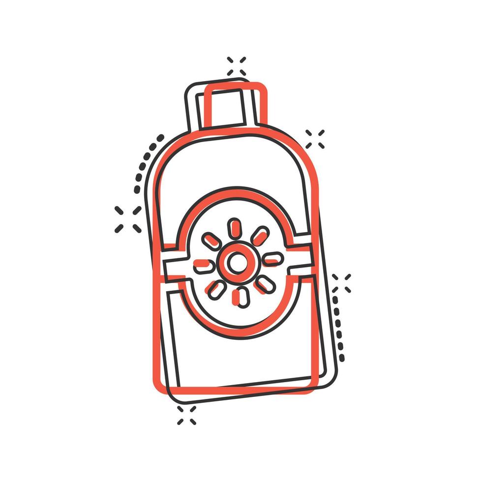Sun protection icon in comic style. Sunblock cream cartoon vector illustration on white isolated background. Spf care splash effect business concept.