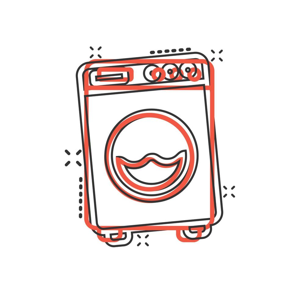 Washing machine icon in comic style. Washer cartoon vector illustration on white isolated background. Laundry splash effect business concept.