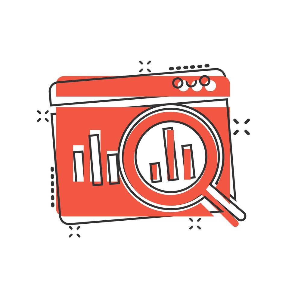 Market trend icon in comic style. Growth arrow with magnifier cartoon vector illustration on white isolated background. Increase splash effect business concept.