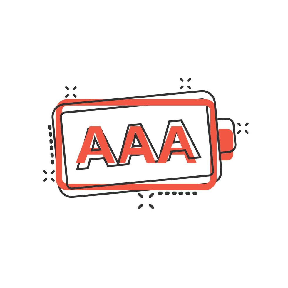 AAA battery icon in comic style. Power level cartoon vector illustration on white isolated background. Lithium accumulator splash effect business concept.