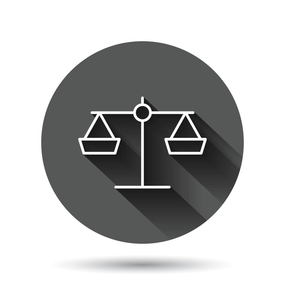 Scale balance icon in flat style. Justice vector illustration on black round background with long shadow effect. Judgment circle button business concept.