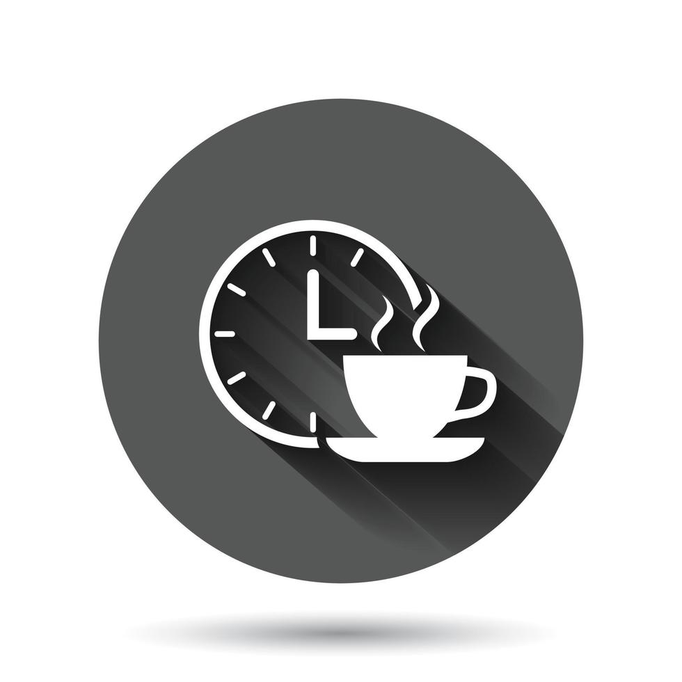 Coffee break icon in flat style. Clock with tea cup vector illustration on black round background with long shadow effect. Breakfast time circle button business concept.