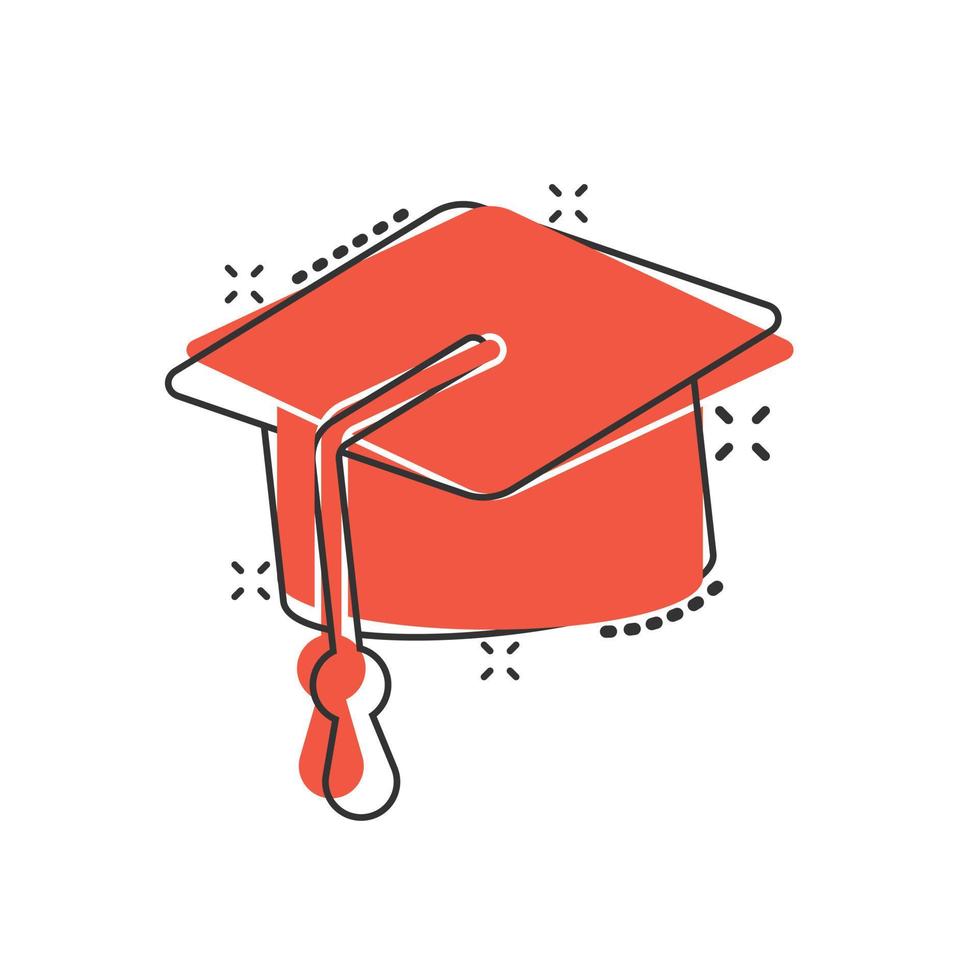 Graduation hat icon in comic style. Student cap cartoon vector illustration on white isolated background. University splash effect business concept.