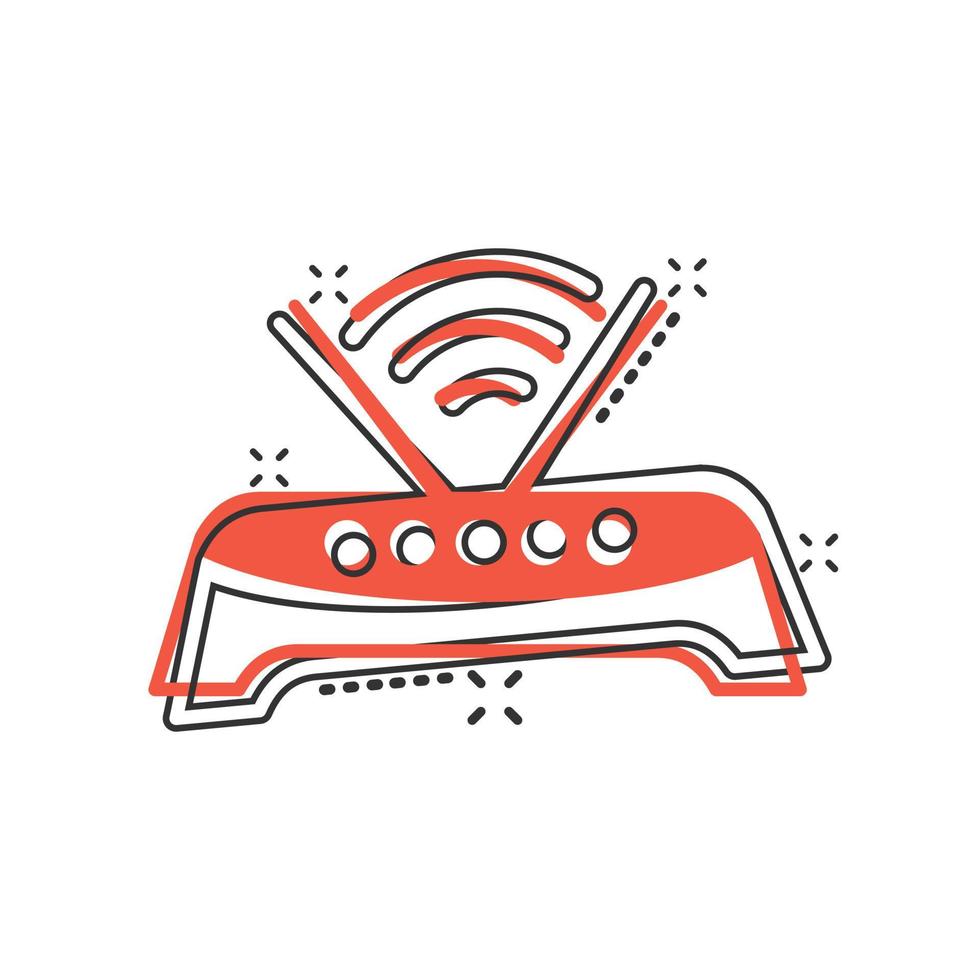 Wifi router icon in comic style. Broadband cartoon vector illustration on white isolated background. Internet connection splash effect business concept.