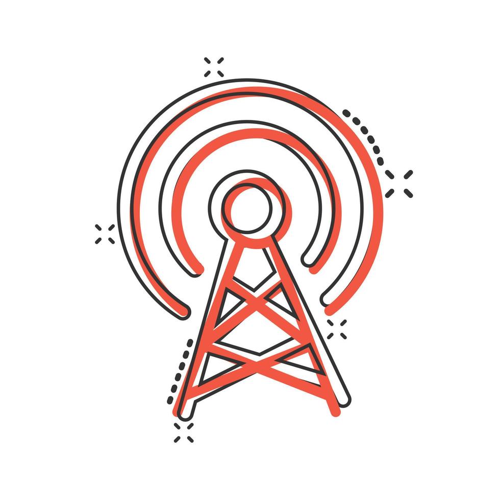 icono de torre de antena en estilo cómico. Ilustración de vector de dibujos animados de difusión sobre fondo blanco aislado. concepto de negocio de efecto de salpicadura wifi.