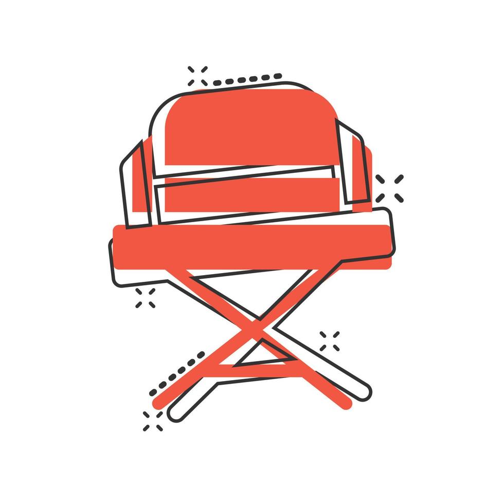 Director chair icon in comic style. Producer seat cartoon vector illustration on white isolated background. Movie splash effect business concept.