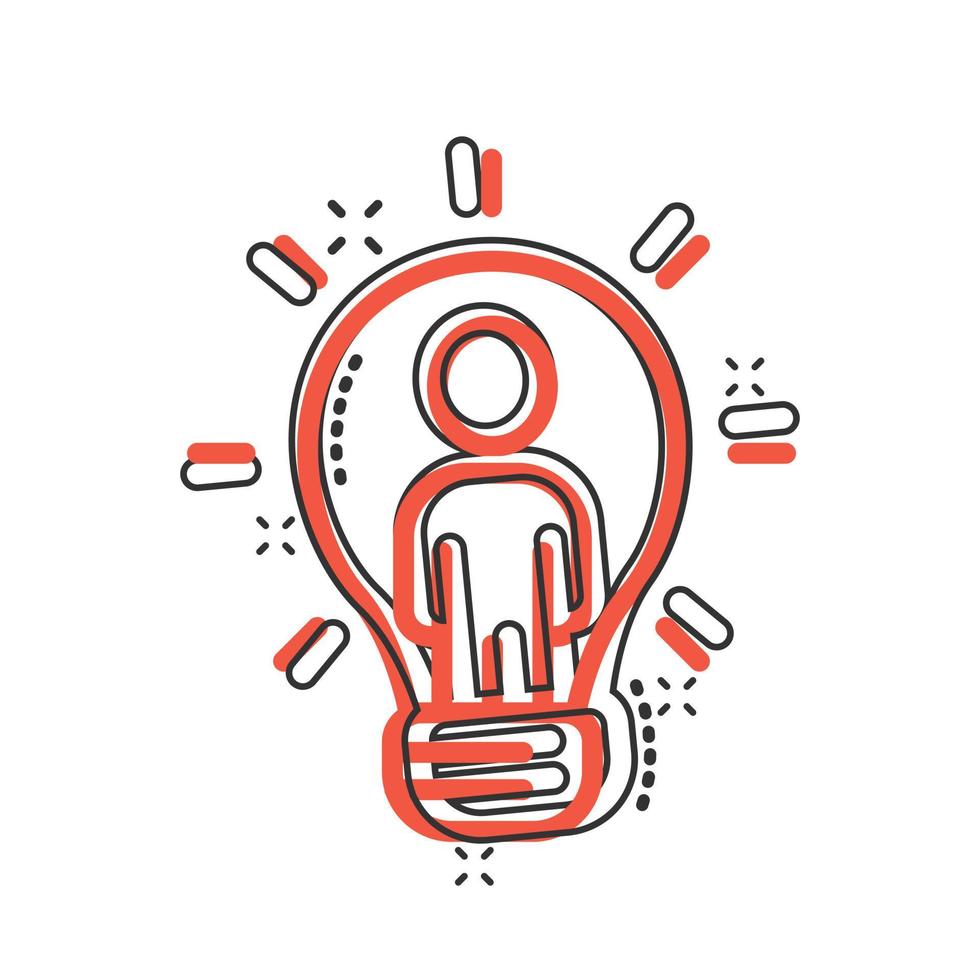 People with bulb icon in comic style. idea cartoon vector collection illustration on white isolated background. Brain mind splash effect business concept.