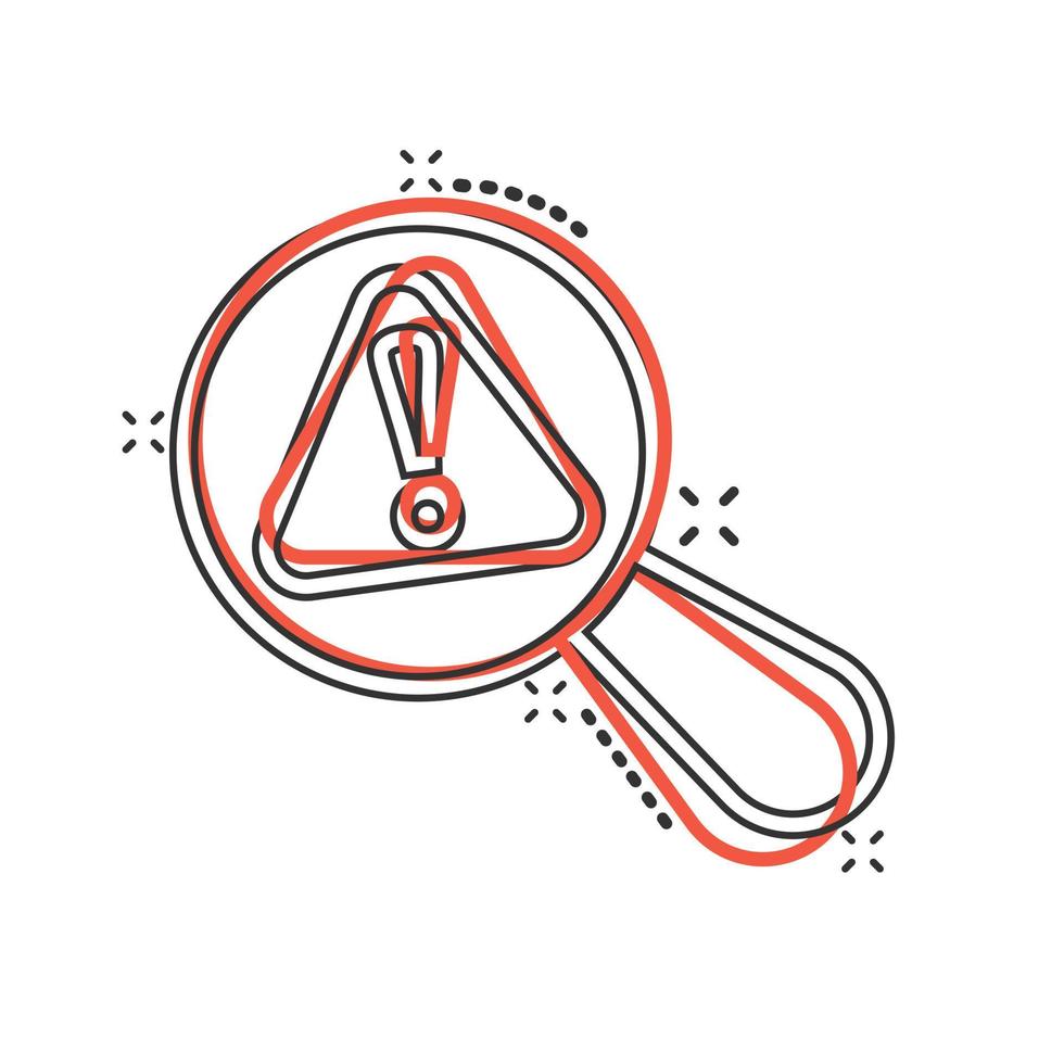 Risk analysis icon in comic style. Exclamation magnifier cartoon vector illustration on white isolated background. Attention splash effect business concept.
